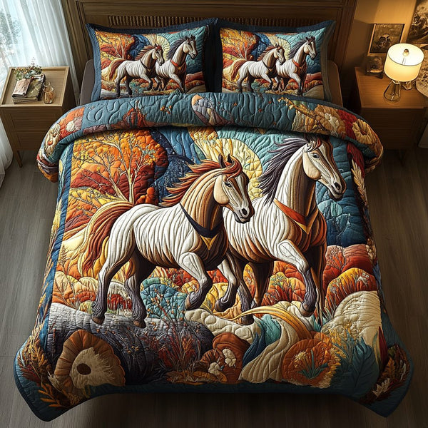 Thunder Stallion quilted 3-piece bedding set on a made bed in a rustic timber bedroom