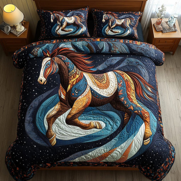 Thunder Trot quilted 3-piece bedding set on a made bed with two matching pillow shams