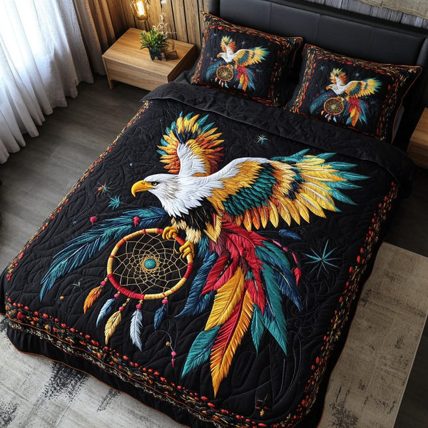 Thunderbird Grace quilted 3-piece bedding set on a made bed with two matching pillow shams