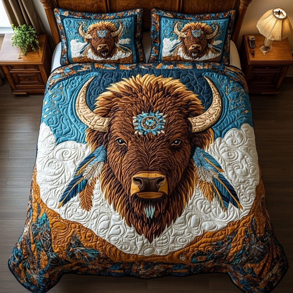 Thunderous Roam quilted 3-piece bedding set on a made bed with two matching pillow shams