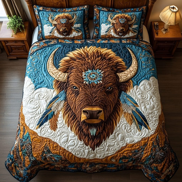 Thunderous Roam quilted 3-piece bedding set on a made bed with two matching pillow shams