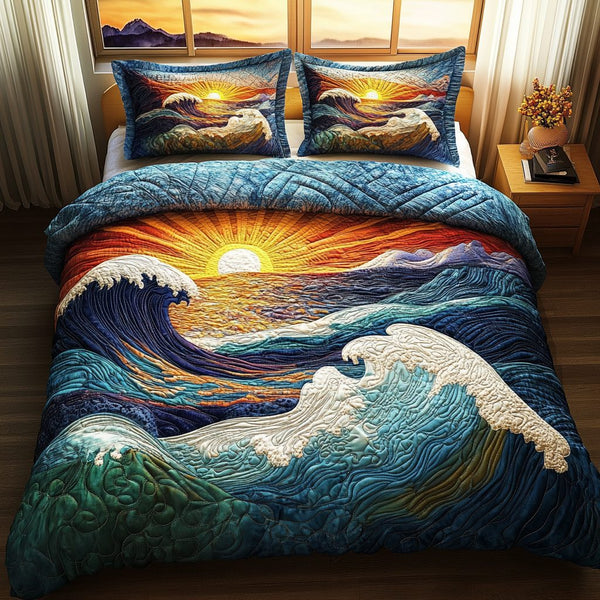 Tidal Dream quilted 3-piece bedding set on a made bed with two matching pillow shams