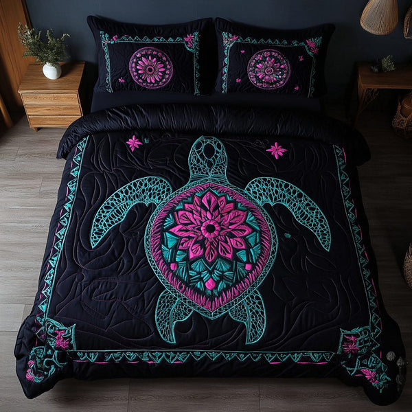 Tidal Drifter quilted 3-piece bedding set on a made bed with two matching pillow shams