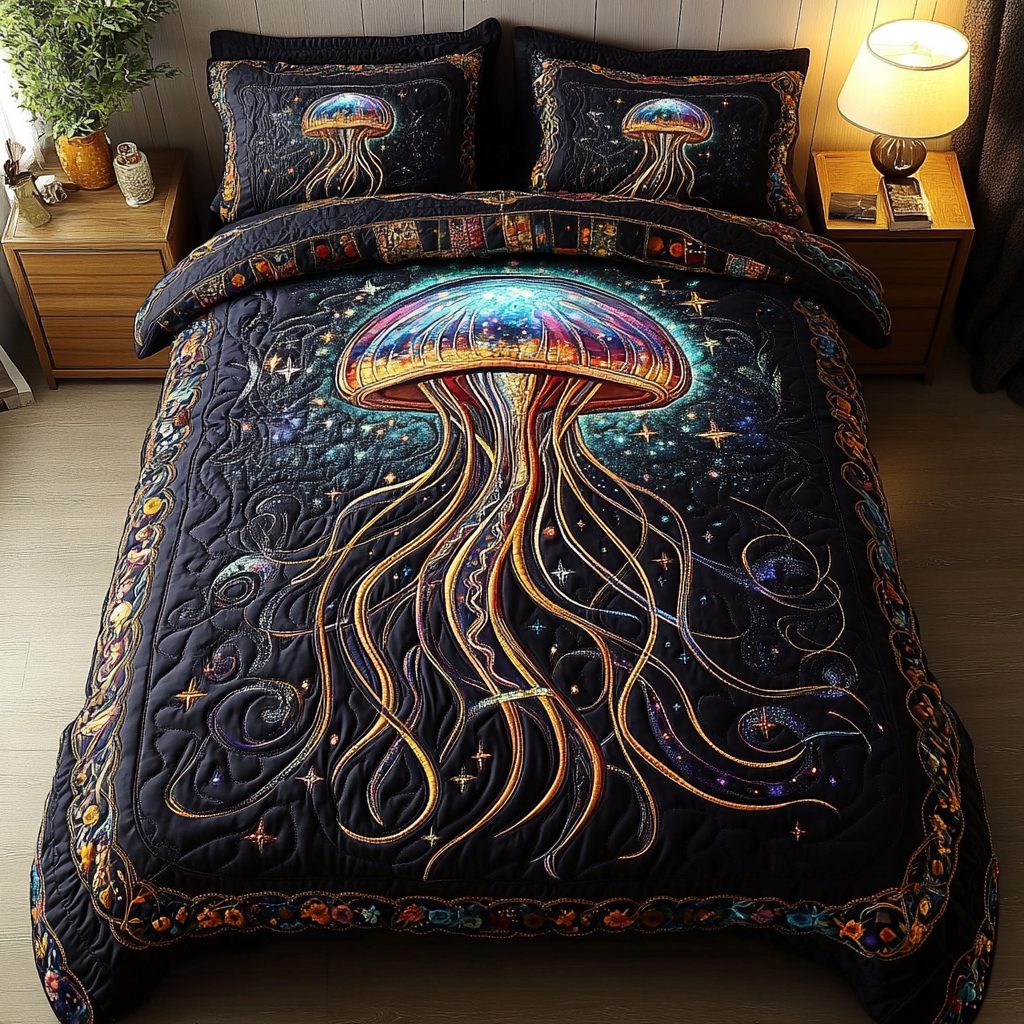 Tidal Elegance quilted 3-piece bedding set on a made bed with two matching pillow shams