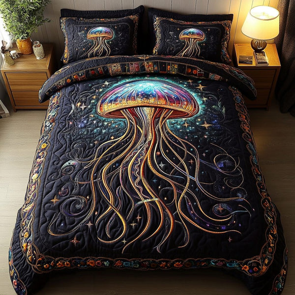 Tidal Elegance quilted 3-piece bedding set on a made bed with two matching pillow shams