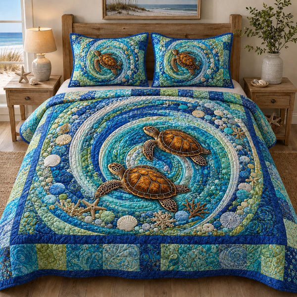 Tidal Escape quilted 3-piece bedding set on a made bed with two matching pillow shams