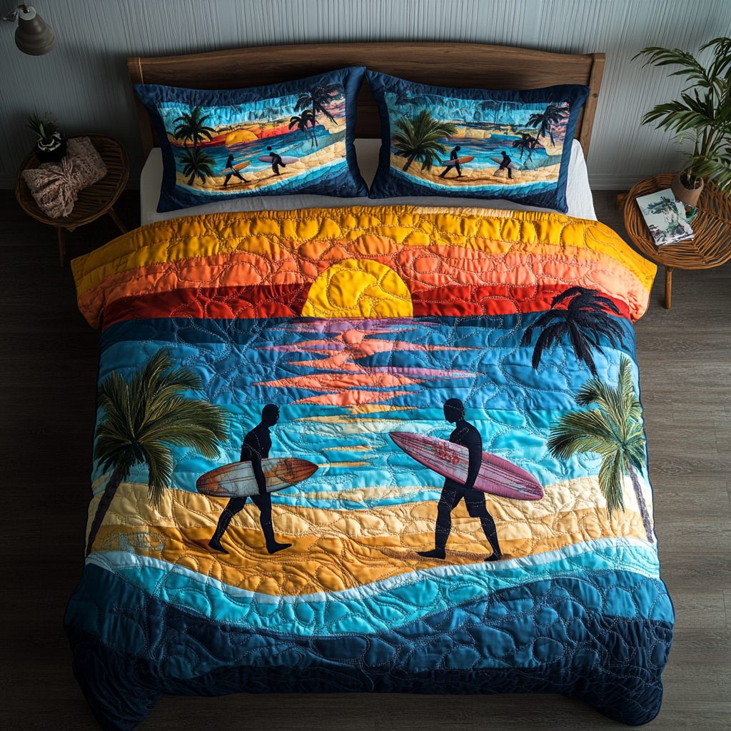 Tidal Flow quilted 3-piece bedding set on a made bed with two matching pillow shams