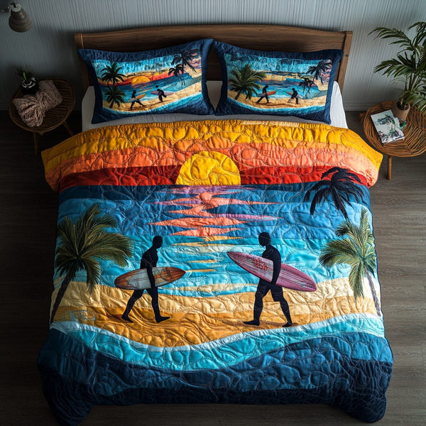 Tidal Flow quilted 3-piece bedding set on a made bed with two matching pillow shams