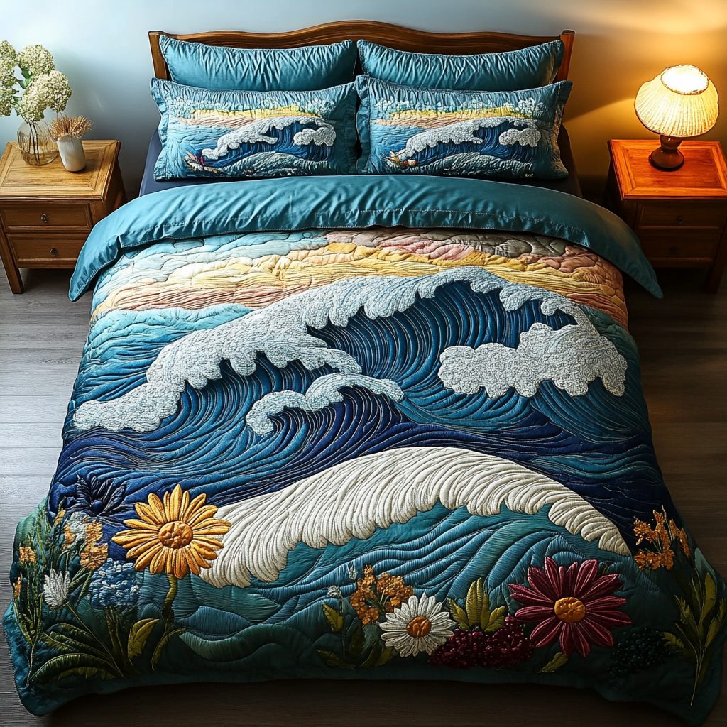 Tidal Flow quilted 3-piece bedding set on a made bed with two matching pillow shams