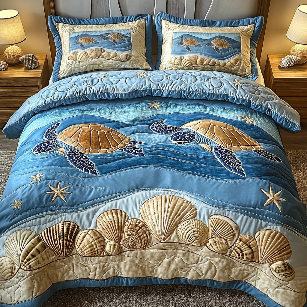 Tidal Glow quilted 3-piece bedding set on a made bed with two matching pillow shams