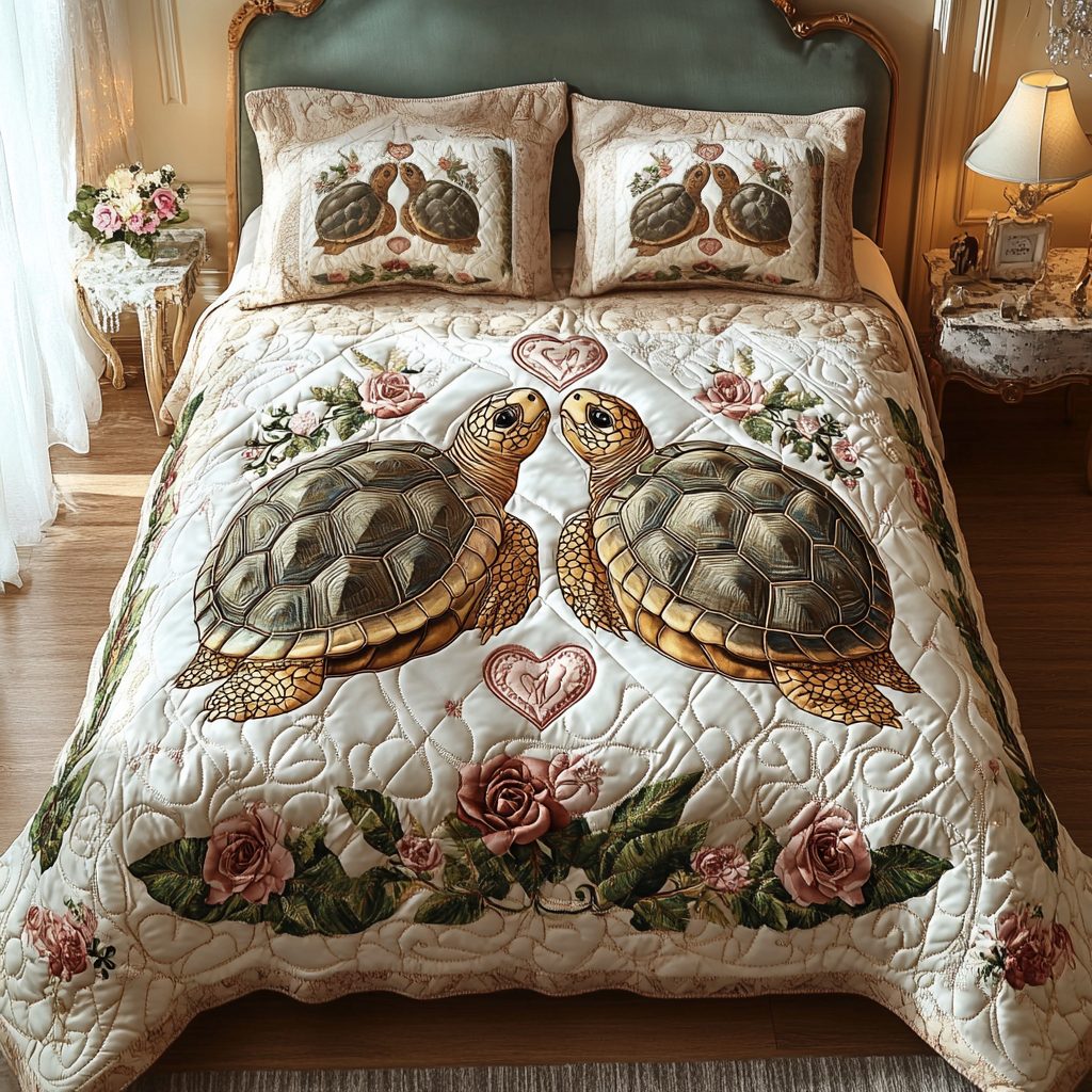 Tidal Hearts quilted 3-piece bedding set on a made bed with two matching pillow shams