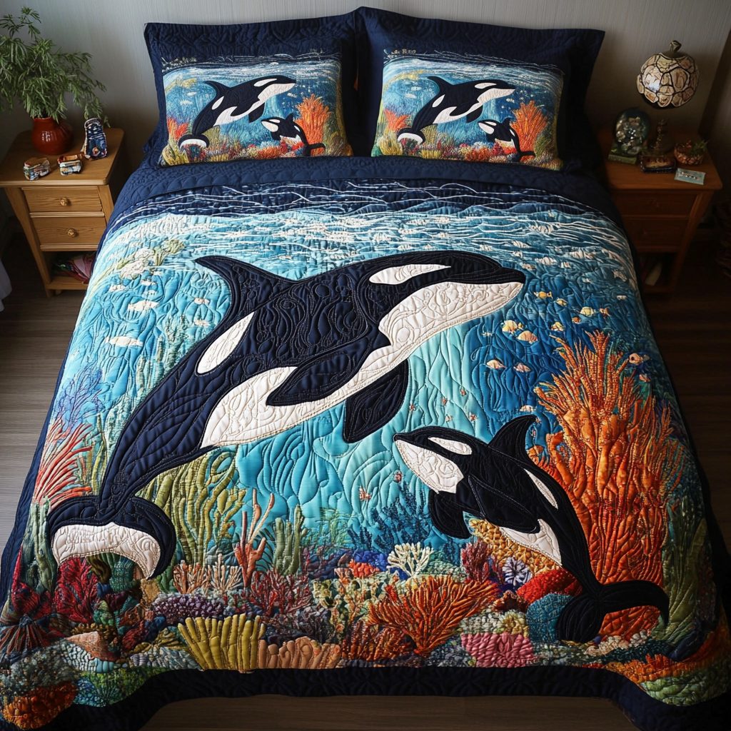 Tidal Hunter quilted 3-piece bedding set on a made bed with two matching pillow shams