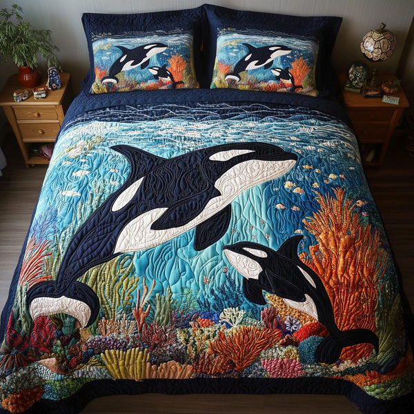 Tidal Hunter quilted 3-piece bedding set on a made bed with two matching pillow shams