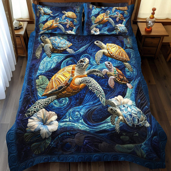 Tidal Journey quilted 3-piece bedding set on a made bed with two matching pillow shams