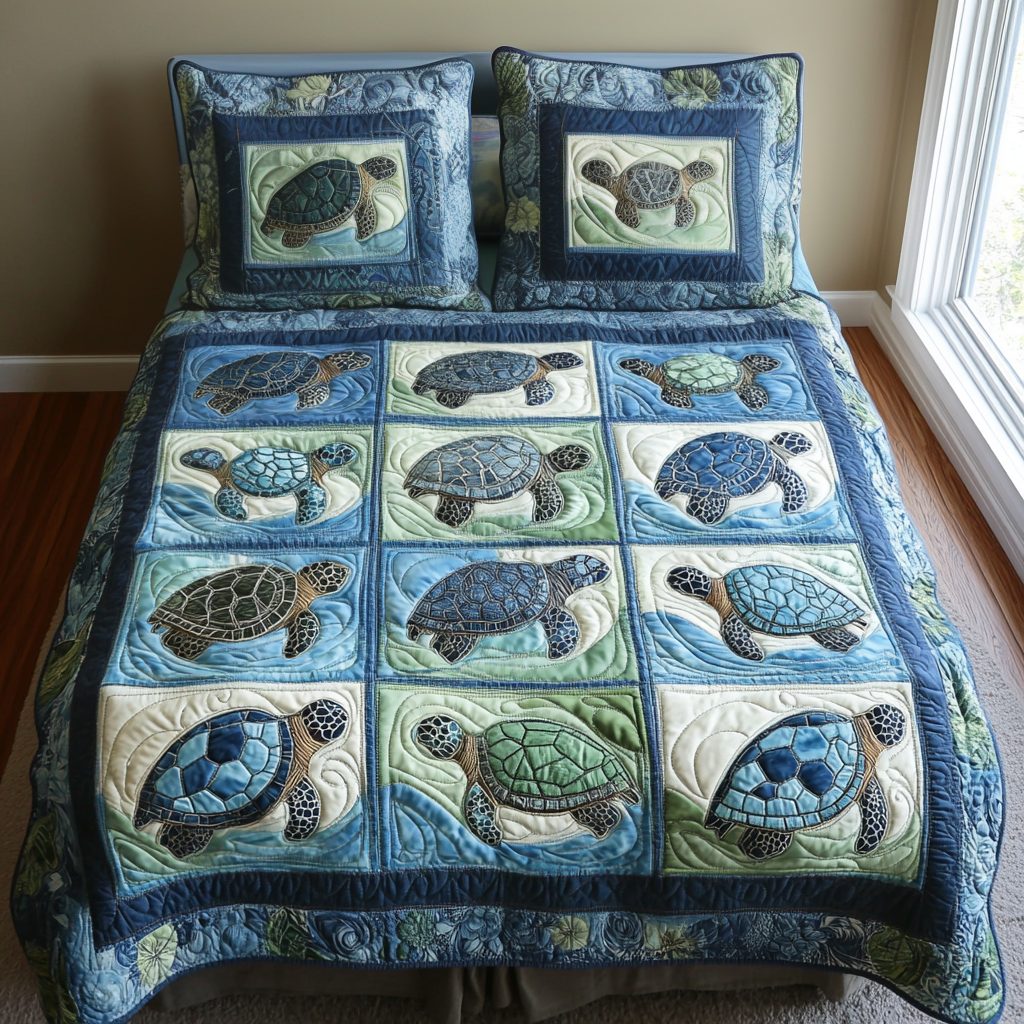 Tidal Serenity quilted 3-piece bedding set on a made bed with two matching pillow shams