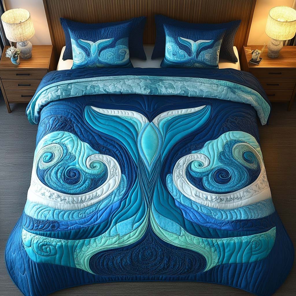Tidal Symphony quilted 3-piece bedding set on a made bed with two matching pillow shams