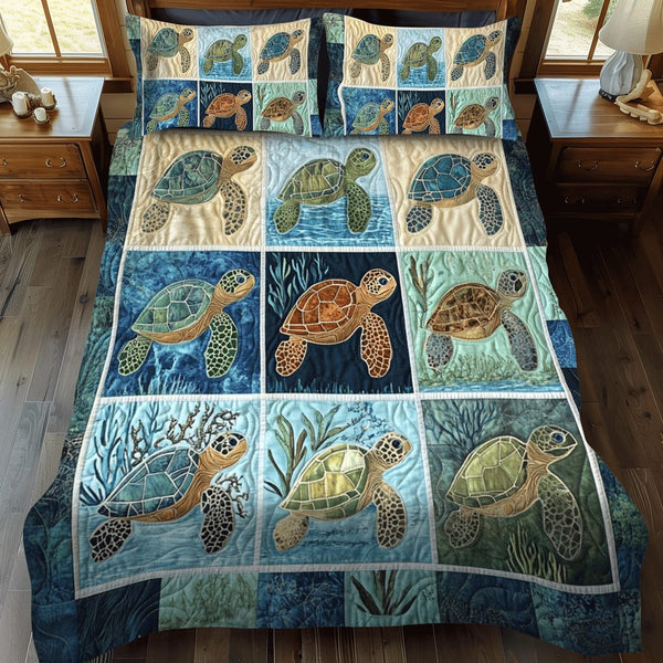 Tidal Tranquility quilted 3-piece bedding set on a made bed with two matching pillow shams