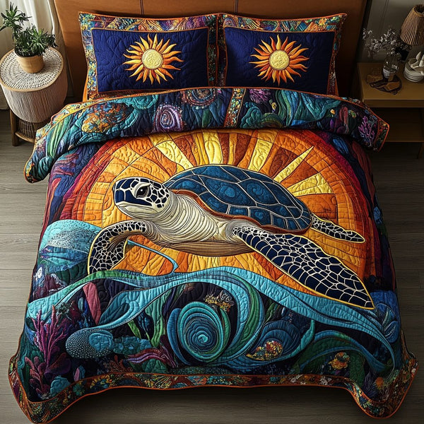 Tidal Wanderer quilted 3-piece bedding set on a made bed with two matching pillow shams