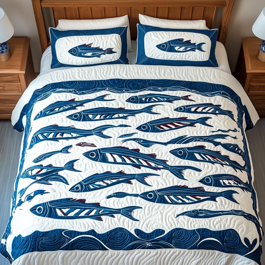 Tidal Wave quilted 3-piece bedding set on a made bed in a light coastal bedroom