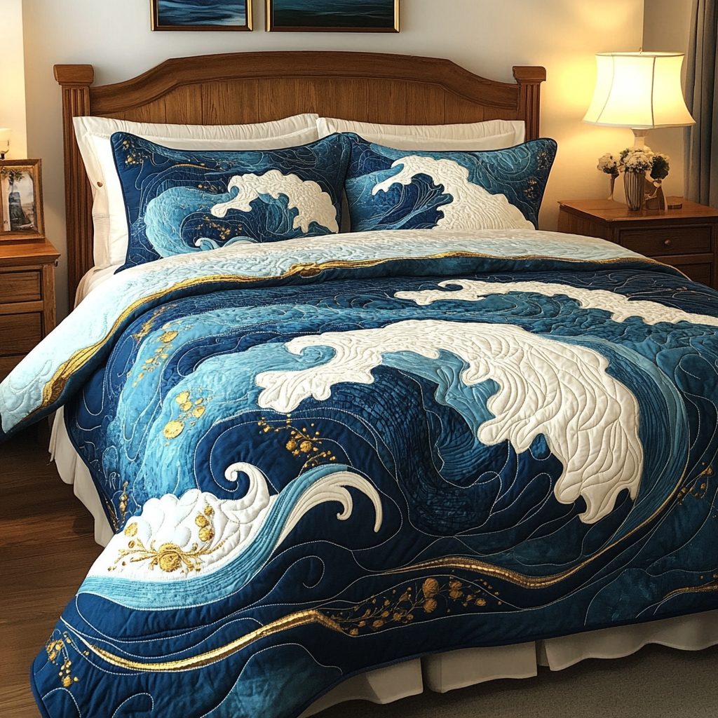 Tidal Wave quilted 3-piece bedding set on a made bed in a light coastal bedroom