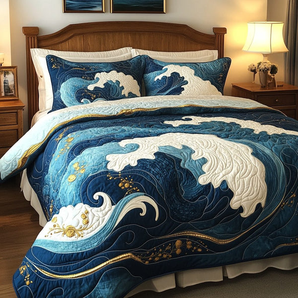 Tidal Wave quilted 3-piece bedding set on a made bed in a light coastal bedroom