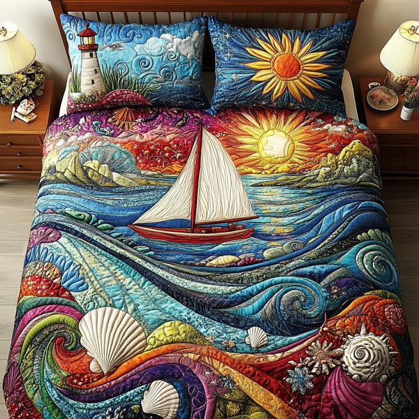 Tidal Waves quilted 3-piece bedding set on a made bed in a light coastal bedroom