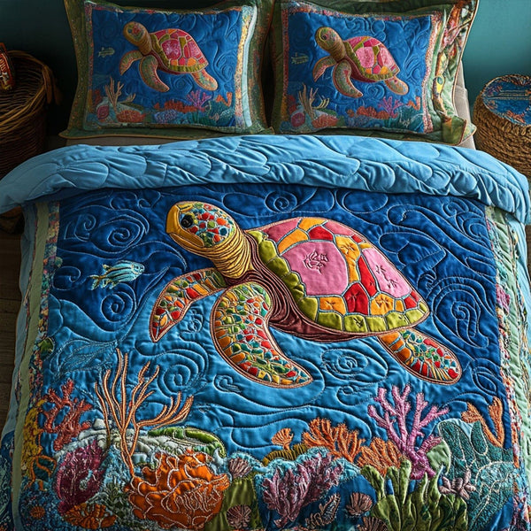 Tide Dancer quilted 3-piece bedding set on a made bed in a light coastal bedroom
