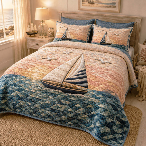 Tide Whisper quilted 3-piece bedding set on a made bed in a light coastal bedroom