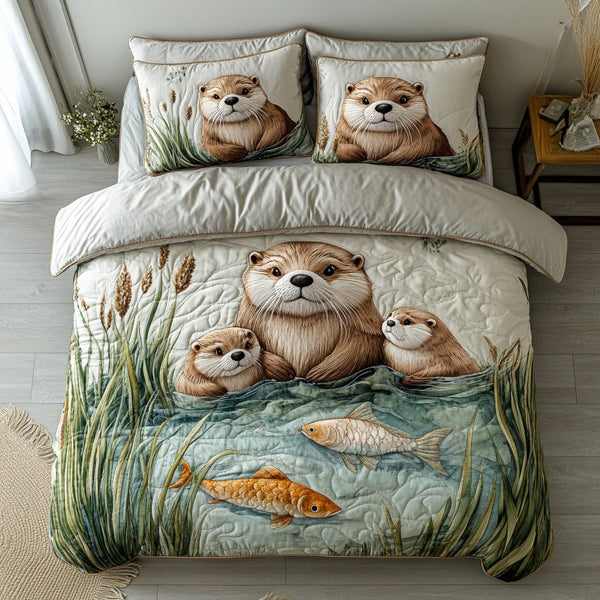 Tidepool Friends quilted 3-piece bedding set on a made bed with two matching pillow shams
