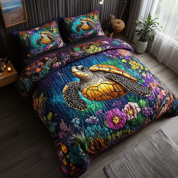 Tidepool Nomad quilted 3-piece bedding set on a made bed with two matching pillow shams