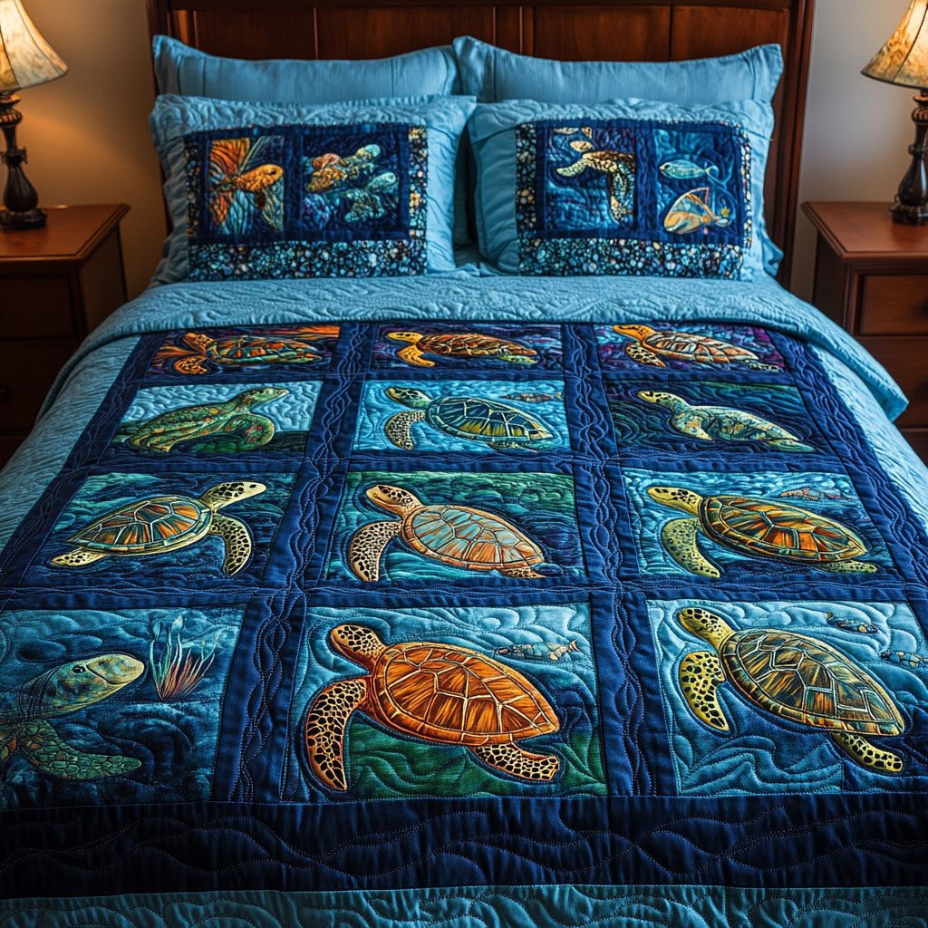 Tides of Tranquility quilted 3-piece bedding set on a made bed with two matching pillow shams
