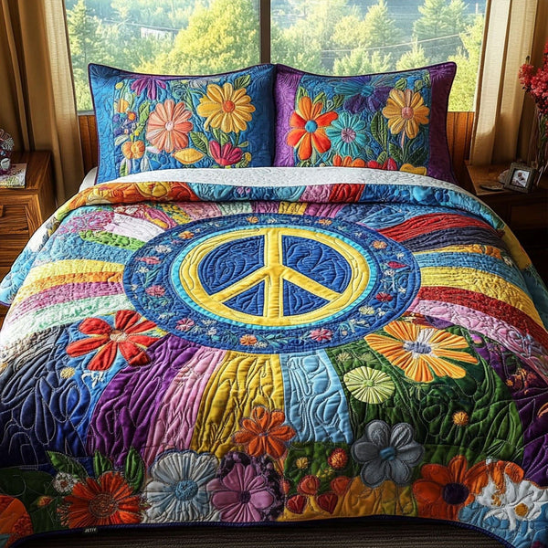 Tie-Dye Tranquility quilted 3-piece bedding set on a made bed with two matching pillow shams