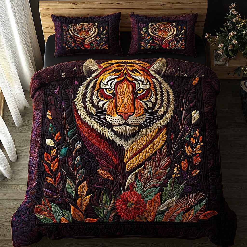 Tiger Boho Dreams quilted 3-piece bedding set on a made bed with two matching pillow shams