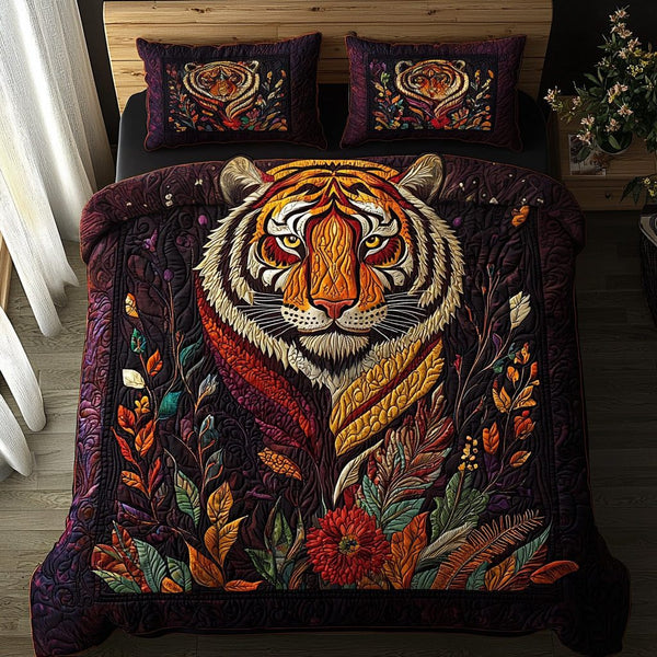 Tiger Boho Dreams quilted 3-piece bedding set on a made bed with two matching pillow shams