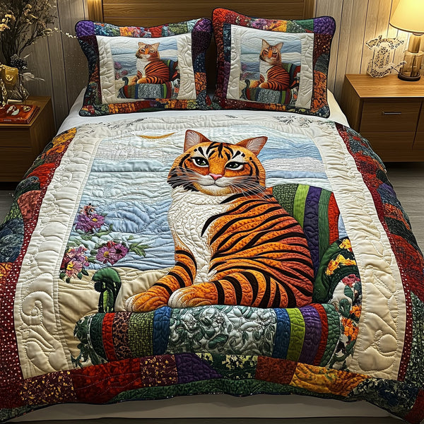 Tiger Cat quilted 3-piece bedding set on a made bed with two matching pillow shams