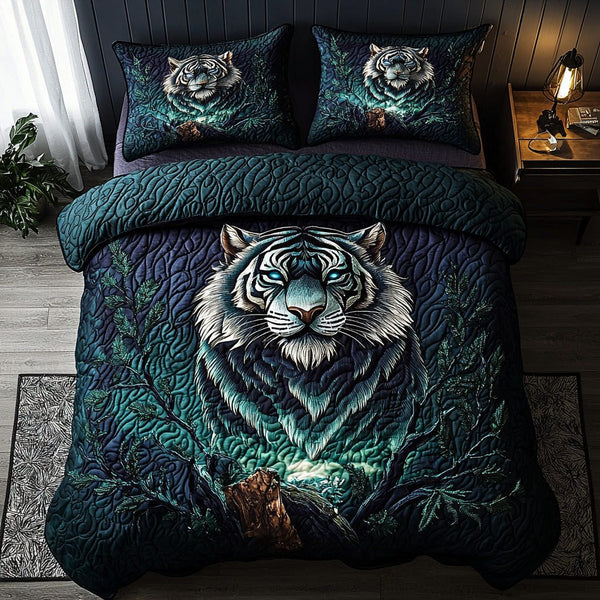 Tiger Flame quilted 3-piece bedding set on a made bed with two matching pillow shams