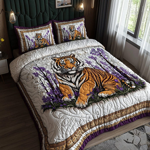 Tiger Forest quilted 3-piece bedding set on a made bed with two matching pillow shams
