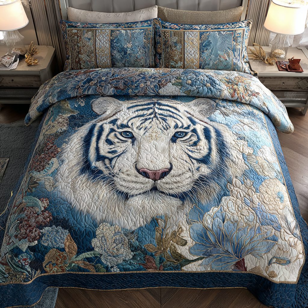 Tiger King quilted 3-piece bedding set on a made bed with two matching pillow shams