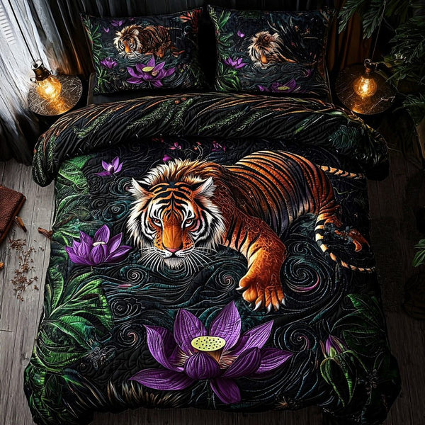 Tiger Majesty quilted 3-piece bedding set on a made bed with two matching pillow shams