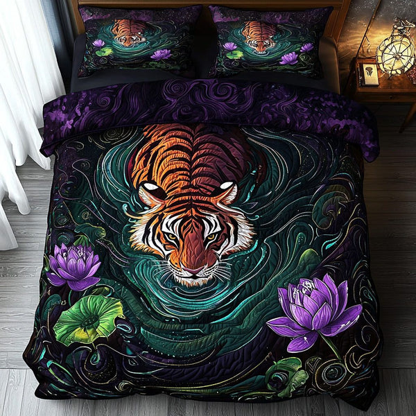 Tiger Mystic Whisper quilted 3-piece bedding set on a made bed with two matching pillow shams