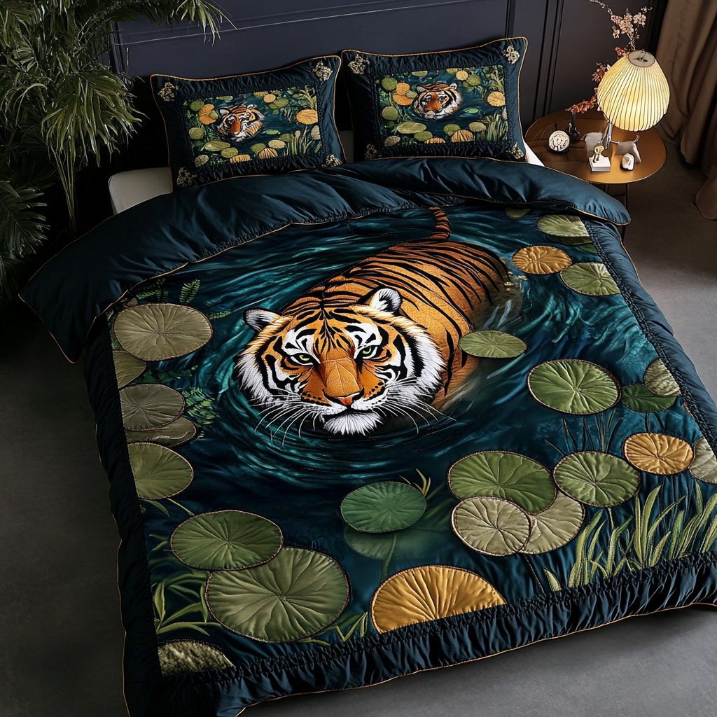 Tiger Roar quilted 3-piece bedding set on a made bed with two matching pillow shams