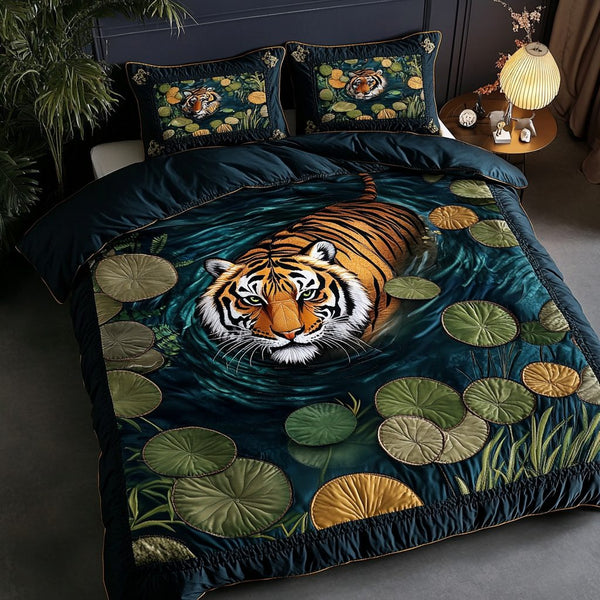 Tiger Roar quilted 3-piece bedding set on a made bed with two matching pillow shams