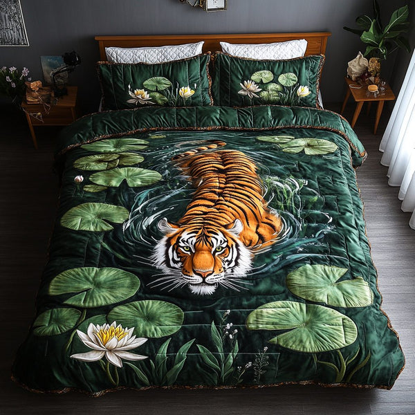 Tiger Spirit quilted 3-piece bedding set on a made bed with two matching pillow shams