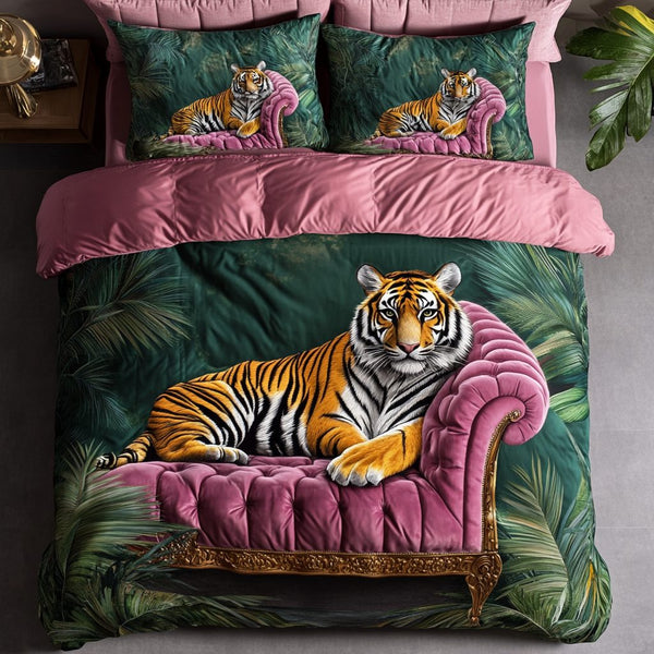 Tiger Stripes quilted 3-piece bedding set on a made bed with two matching pillow shams