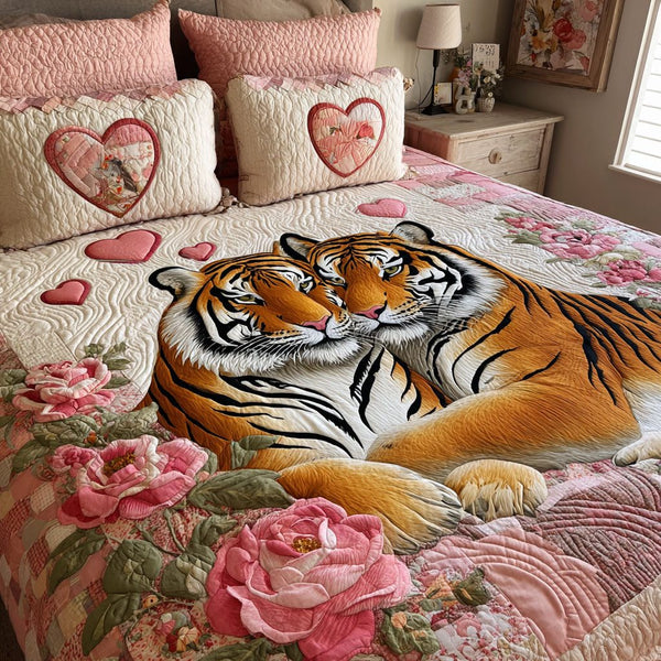 Tiger Tenderness quilted 3-piece bedding set on a made bed with two matching pillow shams