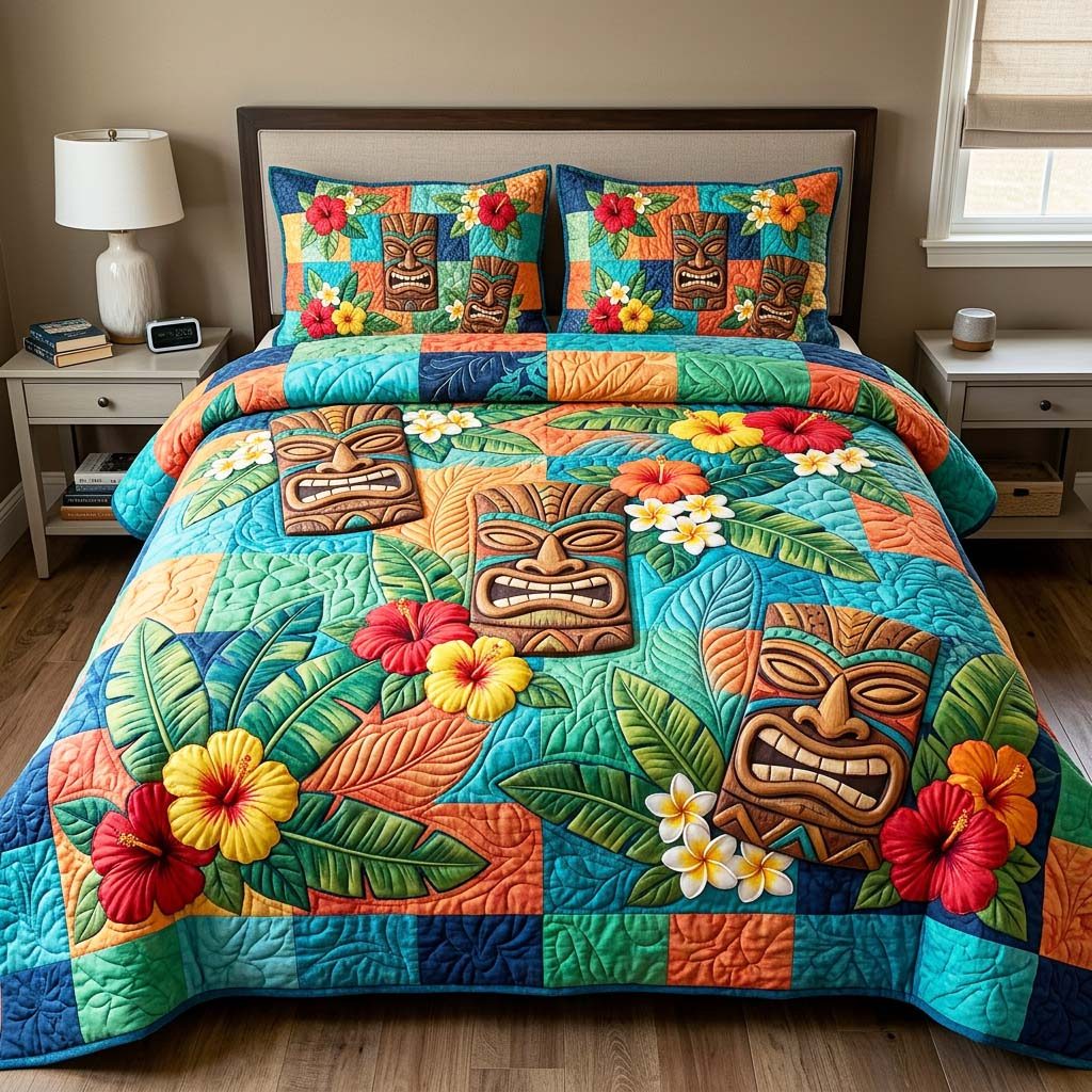 Tiki Bloom quilted 3-piece bedding set on a made bed with two matching pillow shams
