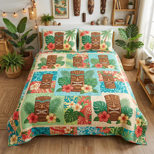 Tiki Culture quilted 3-piece bedding set on a made bed with two matching pillow shams