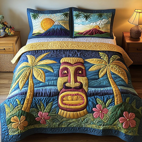 Tiki Dreams quilted 3-piece bedding set on a made bed with two matching pillow shams