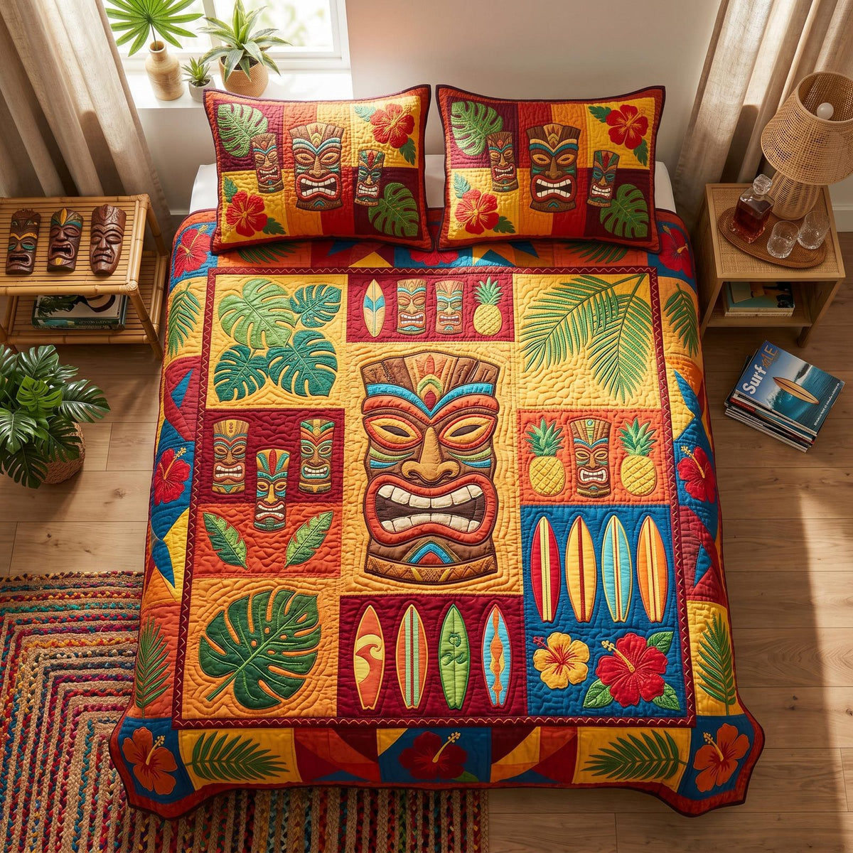 Tiki Legacy quilted 3-piece bedding set on a made bed with two matching pillow shams