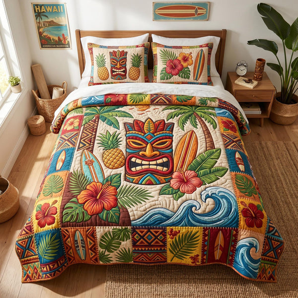 Tiki Ritual quilted 3-piece bedding set on a made bed with two matching pillow shams